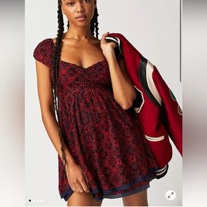 Free People Red Navy Blue Black Lace Mini Dress smocked NWT large